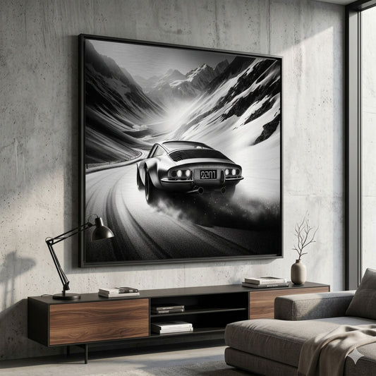Tableau Renault Alpine Route de Montagne – Noir et Blanc sur Aluminium LIVRAISON INCLUSE